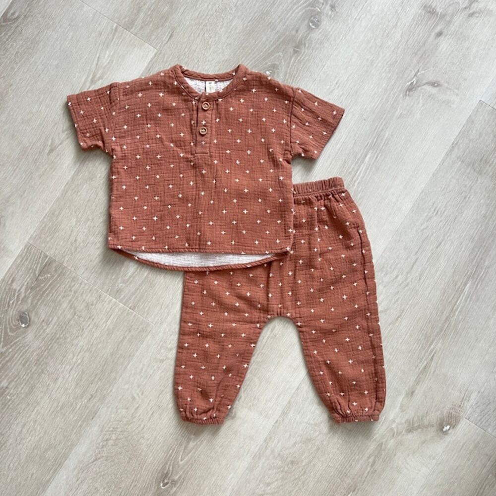 Quincy Mae Baby Girls Woven Henley Tee And Pant Set 6-12M Redwood